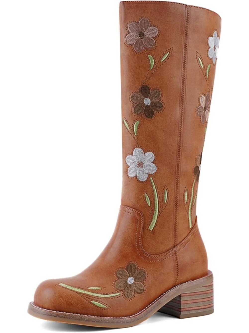 Women's Brown Flowers Low Heel Square Toe Chunky Block Heel Long Knee High Boot